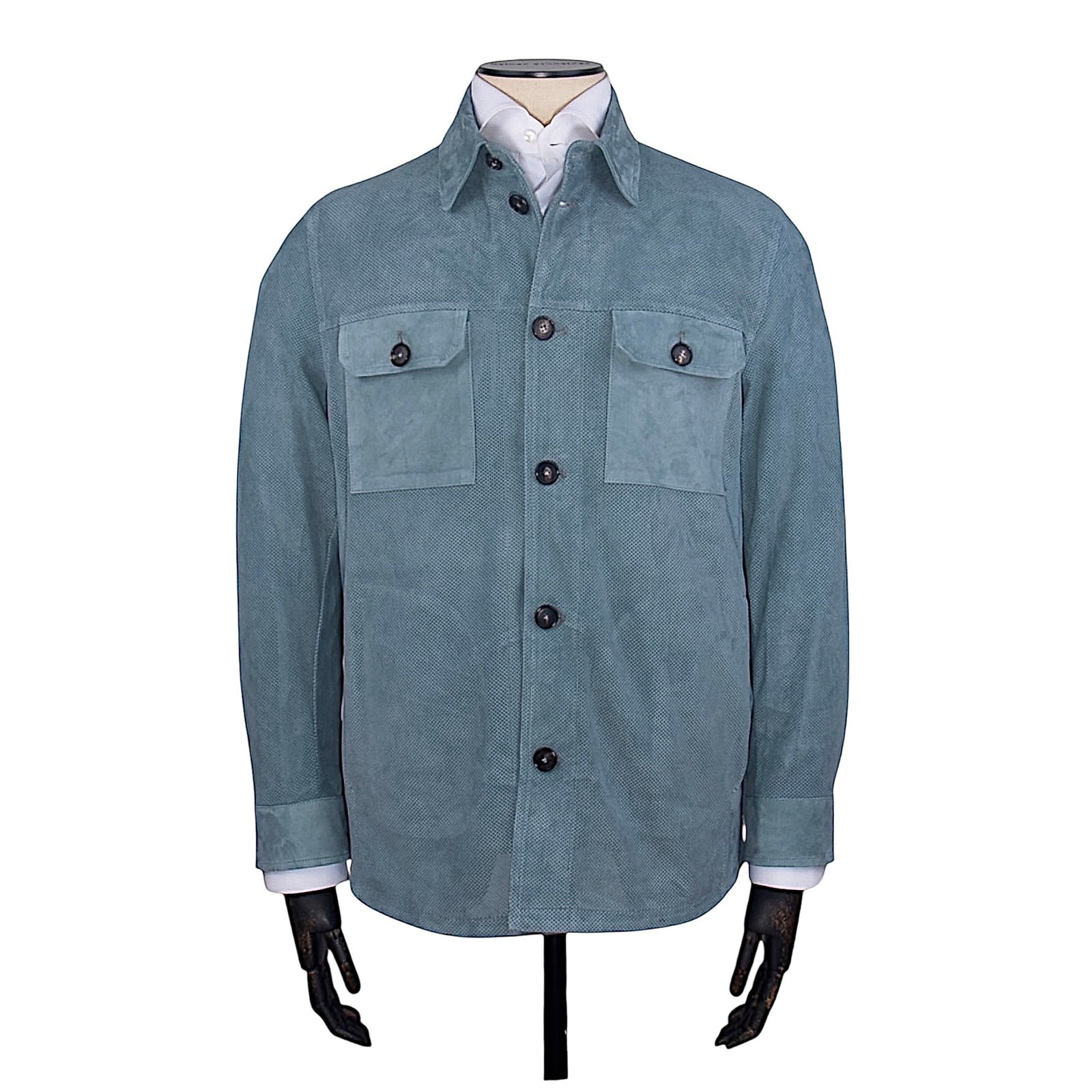 Manto perforated dove blue lambskin leather shirt jacket