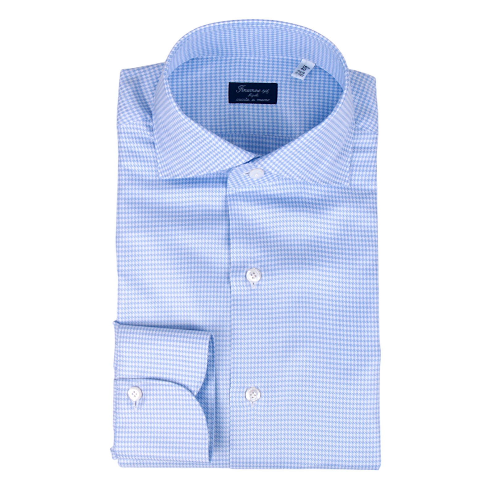 Finamore 1925 blau-weißes Baumwollhemd mit feinem Pepita Muster