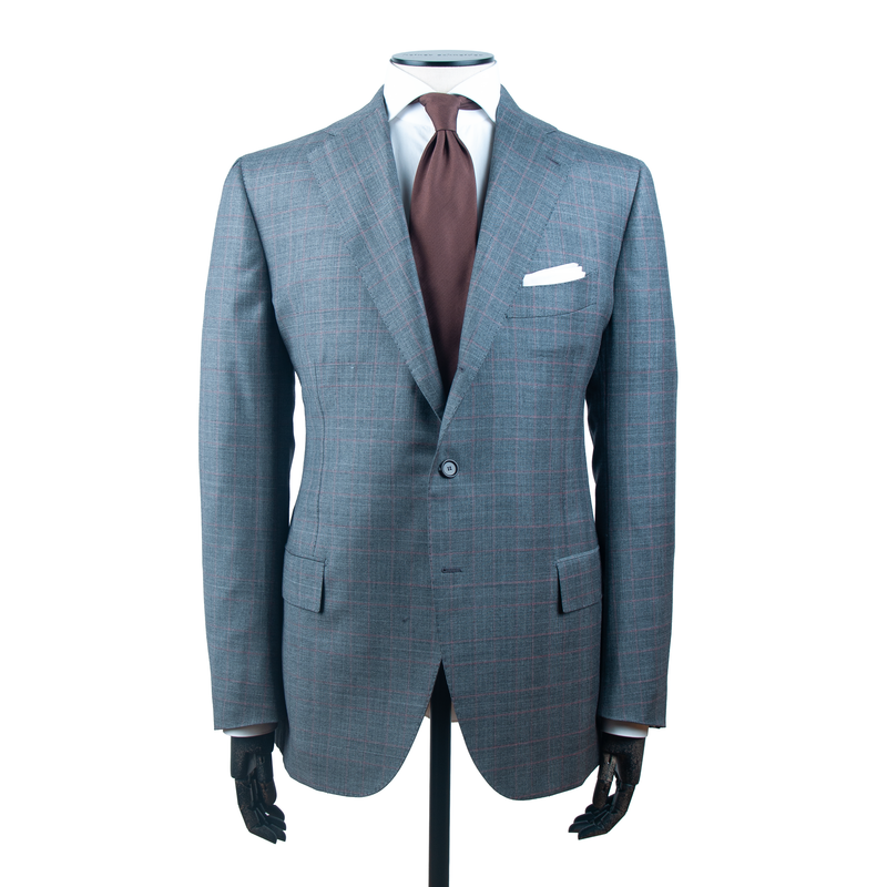 Cesare Attolini hellgrauer Glencheck Anzug mit leichtem roten Überkaro