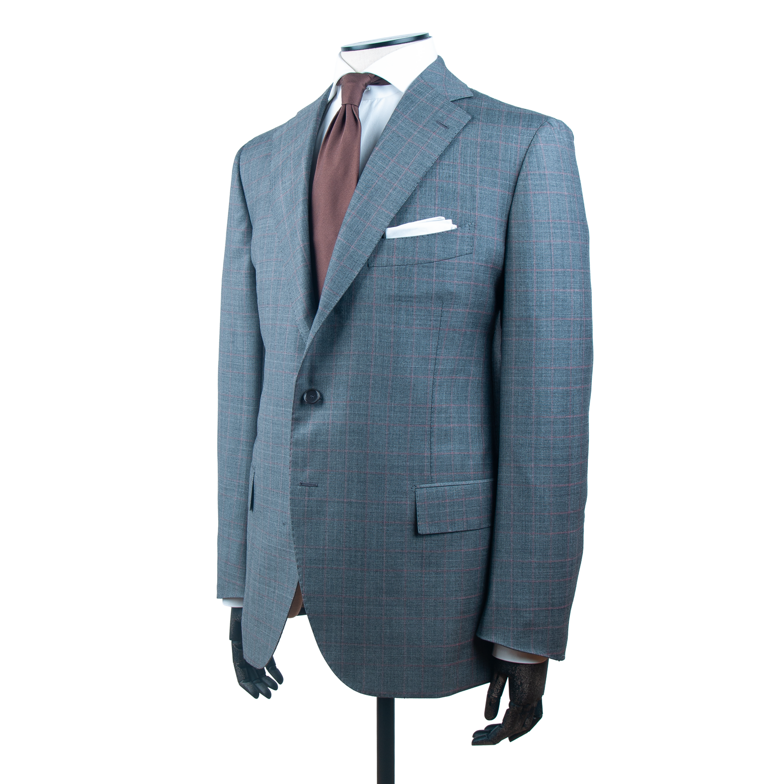 Cesare Attolini hellgrauer Glencheck Anzug mit leichtem roten Überkaro