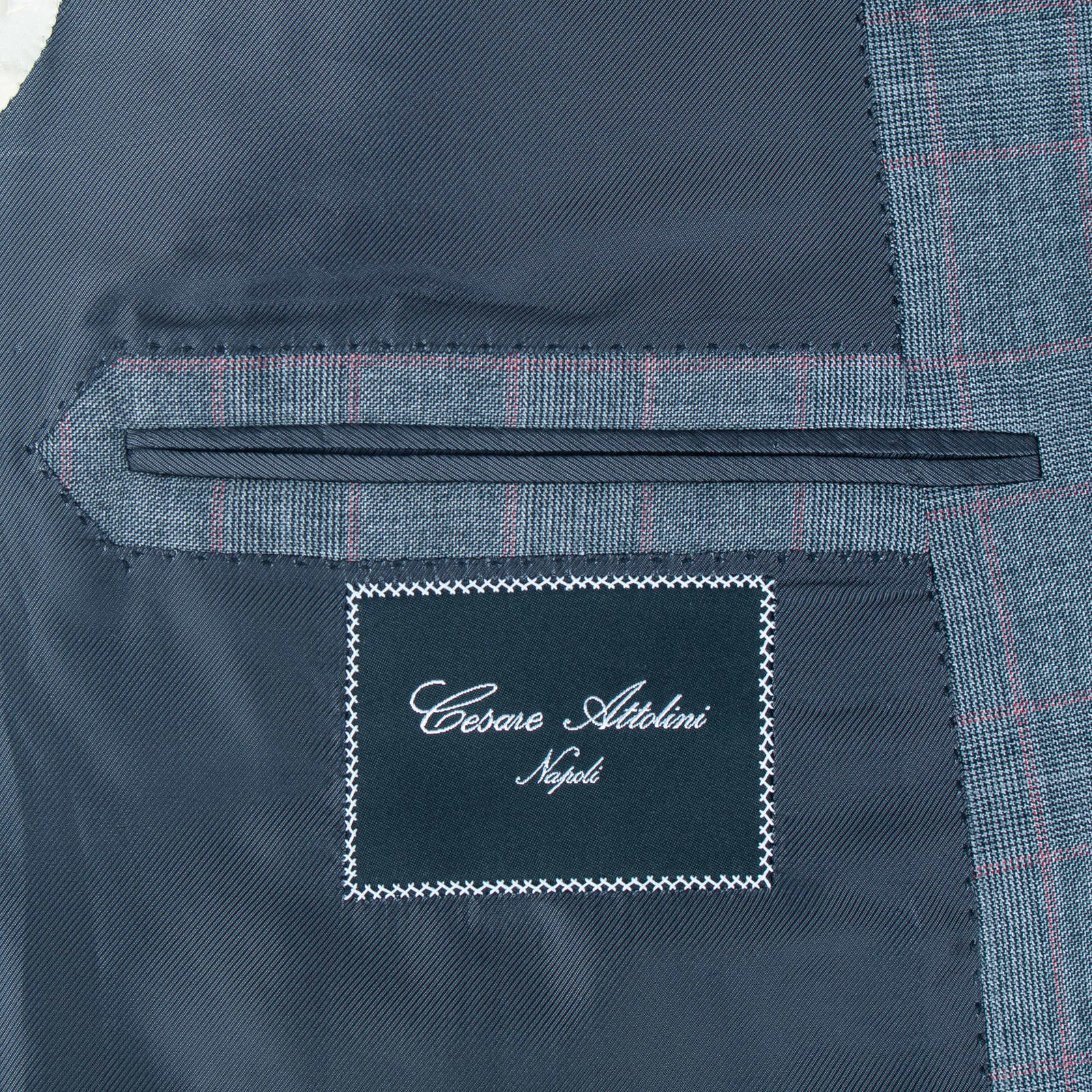 Cesare Attolini hellgrauer Glencheck Anzug mit leichtem roten Überkaro