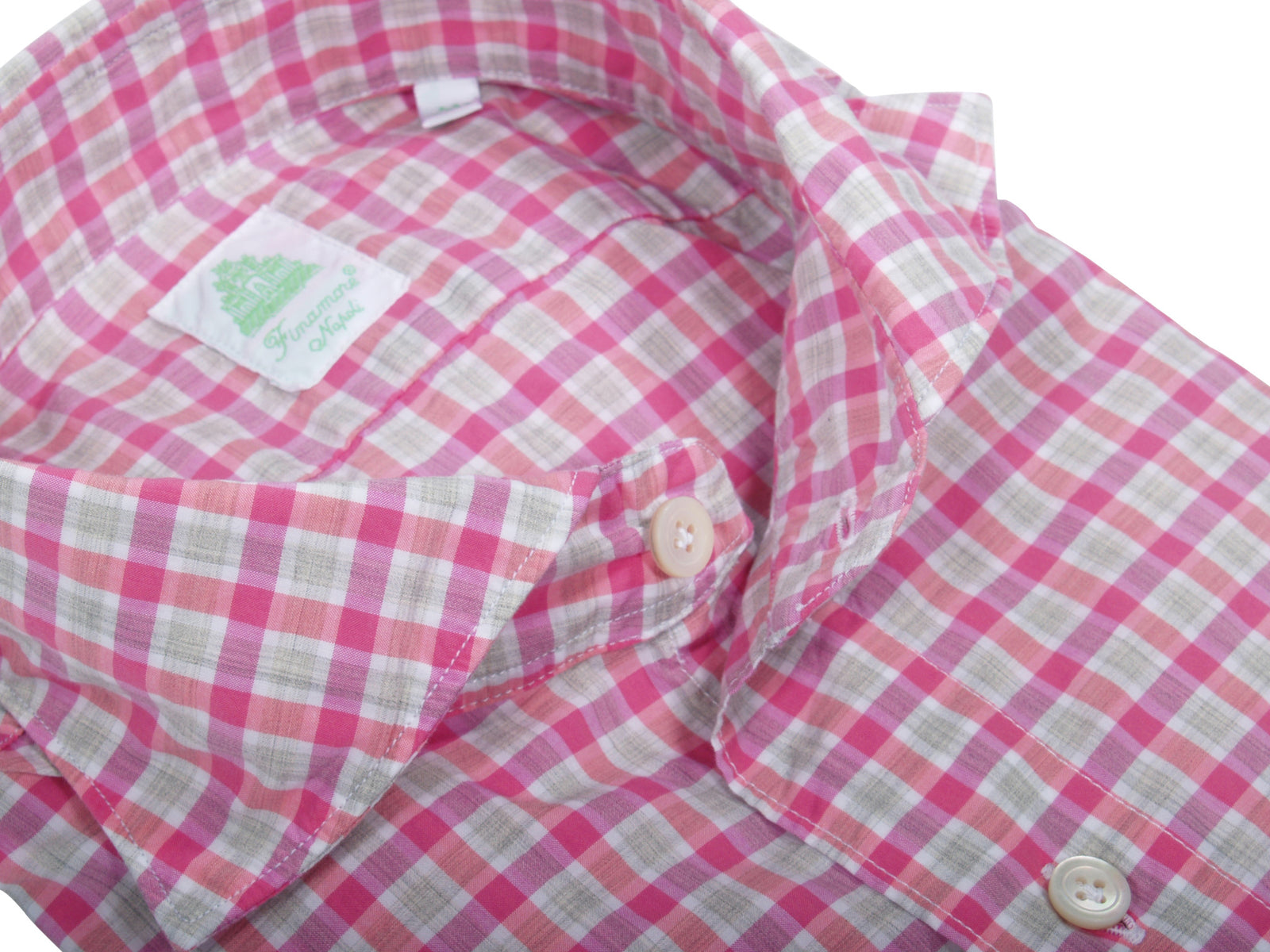 Finamore 1925 Washed cotton shirt Pink Grey Checked model Tokyo